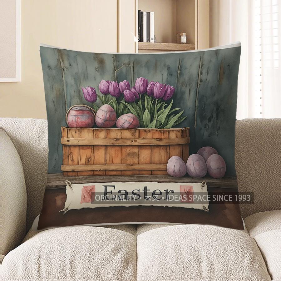 Heimdeko Osterhase mit Tulpen Dekorative Kissenbezug Muster Kissenbezug Geeignet für Sofa Schlafzimmer Auto Kissenbezug