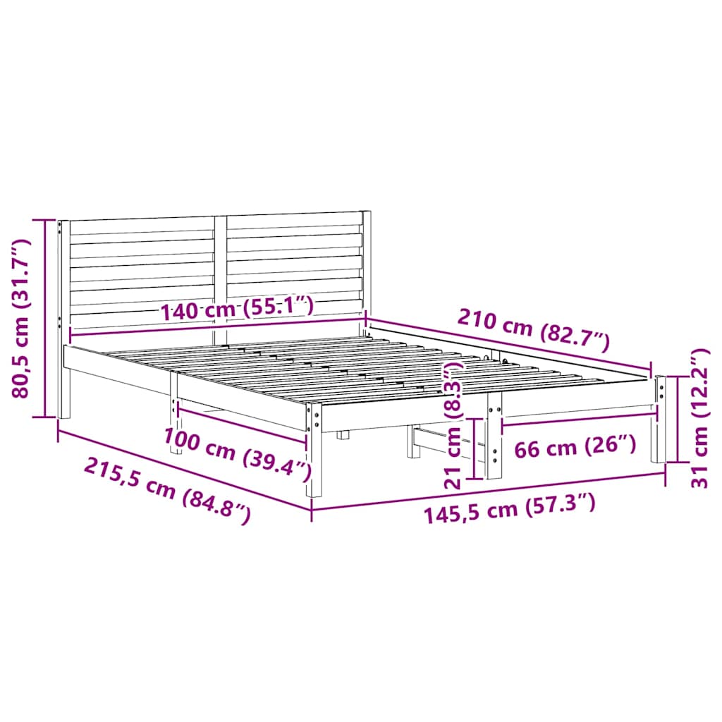 Bed Frame with Headboard White 140 x 210 cm Solid Pine Wood