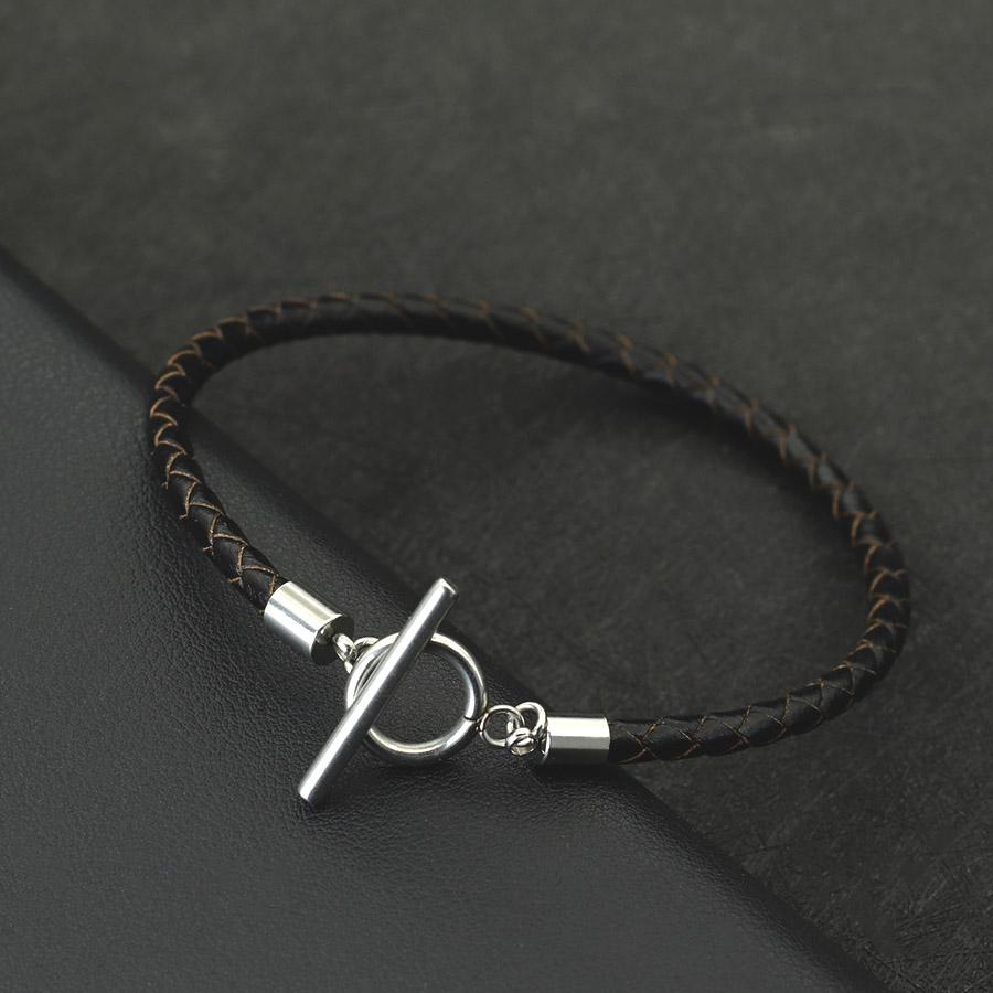Fashion Mens Genuine Leather Bracelet Stainless Steel OT Buckle Bangle 4mm Thin Braided Pulsera De Cuero Red Wrap Braslet Joias