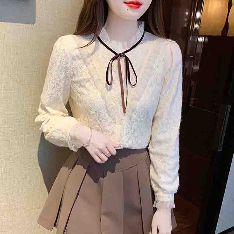 Fashion New 2024 Autumn Winter Long Sleeve Lace Up Stand Collar Velvet Lace Blouse Shirt Women Tops Blouses Shirts J758
