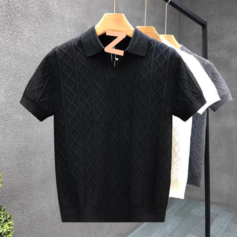 Light Luxury Rhombus Jacquard Short-Sleeved Polo Shirt Men'S Business High-End Slim-Fitting Lapel-Neck Knitted T-Shirt
