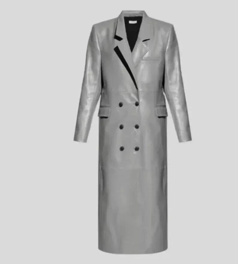 Trench Coat Genuine Lambskin Leather Handmade Stylish Grey Designer Women's Long