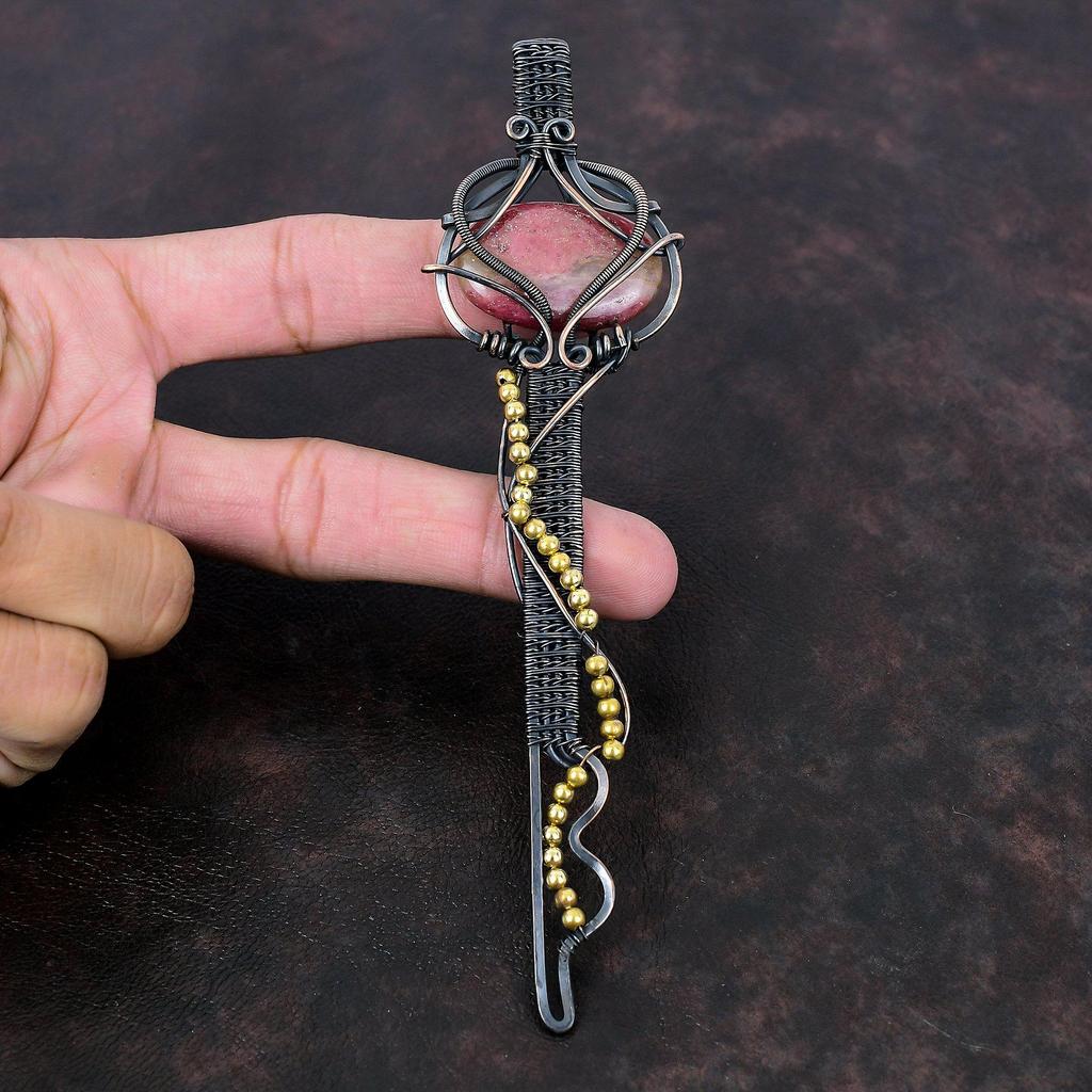 Rhodonite Pendant Copper Wire Wrapped Jewelry Gemstone Pendant Key Pendant Copper Wire Wrap Pendant Handmade Brand New Jewelry Wedding Gift