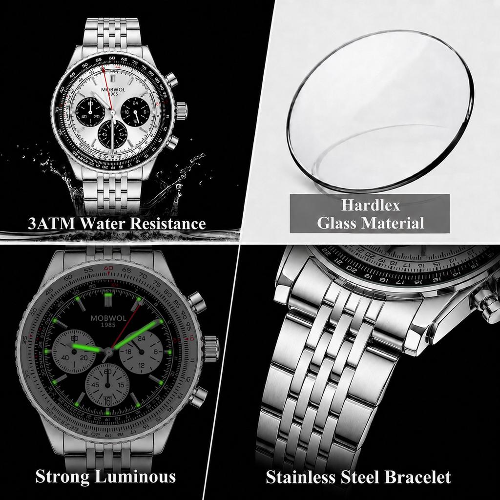 MOBWOL Men Chronograph Watch Leather Strap 30M Waterproof Quartz Sports Wristwatch Luxury Business Male Gift Watch