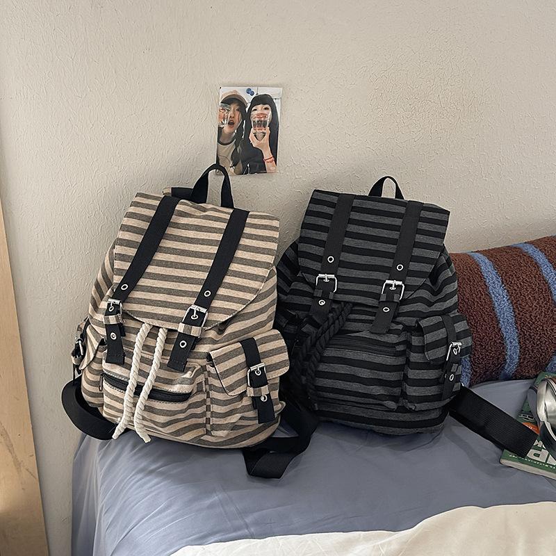 Schoolbag Korean contrasting color schoolbag functional style retro striped backpack new large-capacity student commuting class leisure bag