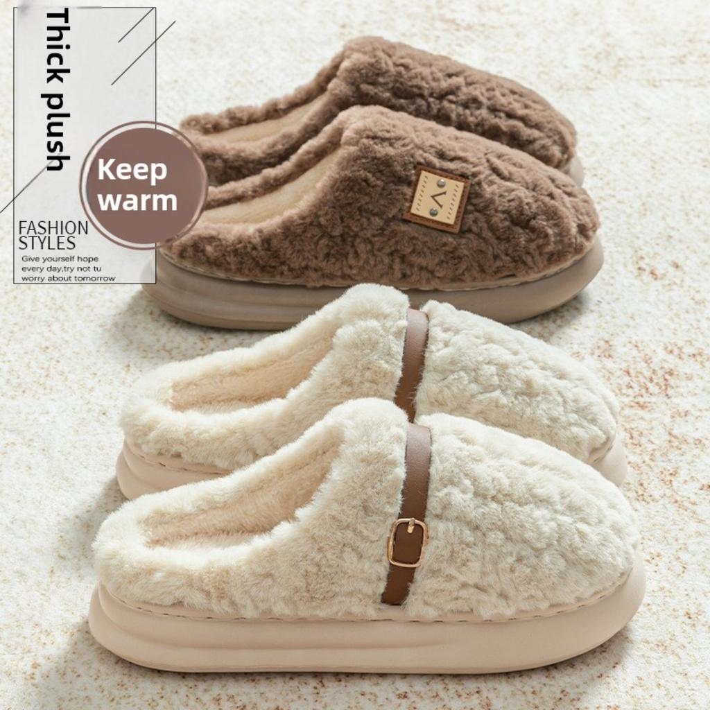 Wear Resistant, Anti Slip, Lightweight Plush Slippers with Warm and Thick Soles for Couples, Home Warming Cotton Slippers In Winter