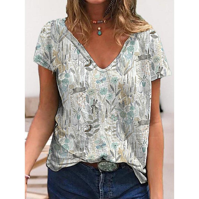 Summer V-neck 3D Flower Printed Top Fashionable Casual Short Sleeved Women's T-shirts