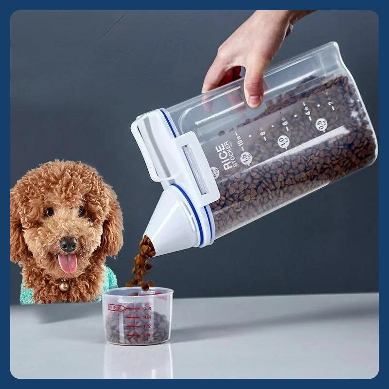 2 kg Hunde- und Katzenfuttereimer, Kunststoff-Vorratsbehälter mit Messbecher, feuchtigkeitsbeständiger, versiegelter Behälter, Heimtierbedarf