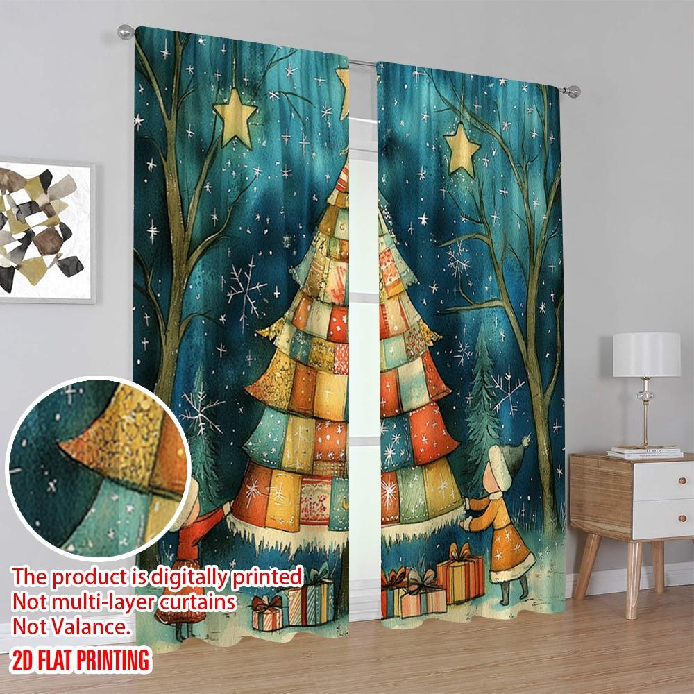 2pcs,2D plane printing Pattern Curtains Charming Festive Christmas Tree Scene (4) Versatile Durable Polyester (without rod)