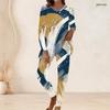 Women Plus Size Navy Blue Gold White Printed Round Neck Long Sleeve Longline Top Fitted Pants Two Piece Set