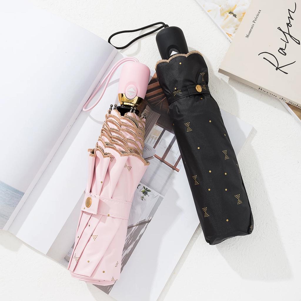 High-Quality Embroidered Fully Automatic Folding Umbrella for Women with Black Coating for Sun Protection and Uv Protection, Suitable for Both Sunny