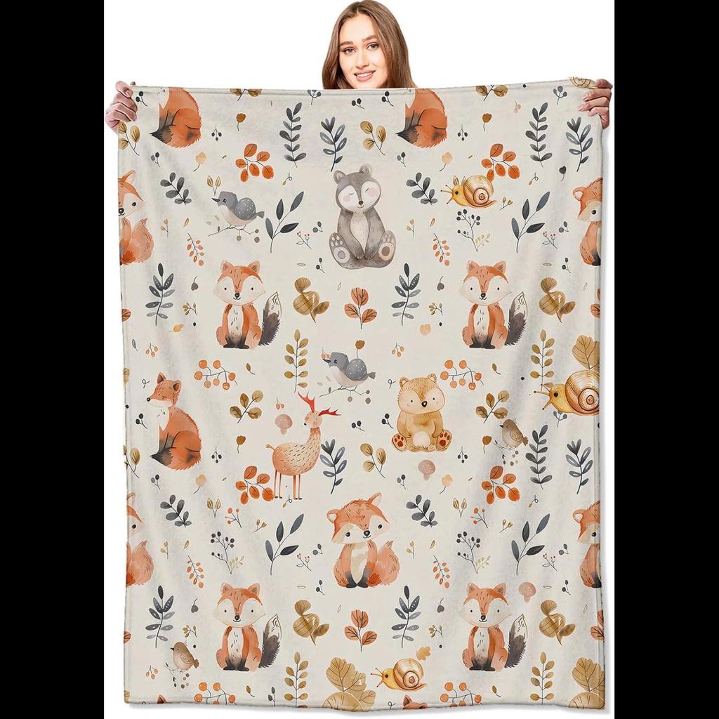 Cute Woodland Animal Throw Blanket Cartoon Fox Owl Deer Soft Fleece Perfect for Kids Animal Lovers Picnic Sofa Bed Travel Decor
