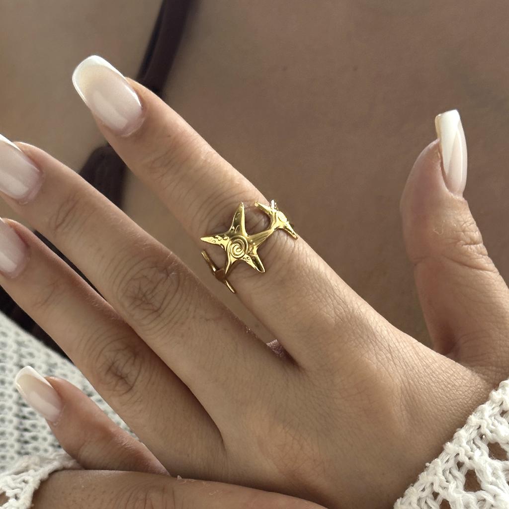 Stainless Steel Gold Color Starfish Shell Opening Rings For Women Men Vintage Geometric Metal Texture Finger Ring Party Jewelry