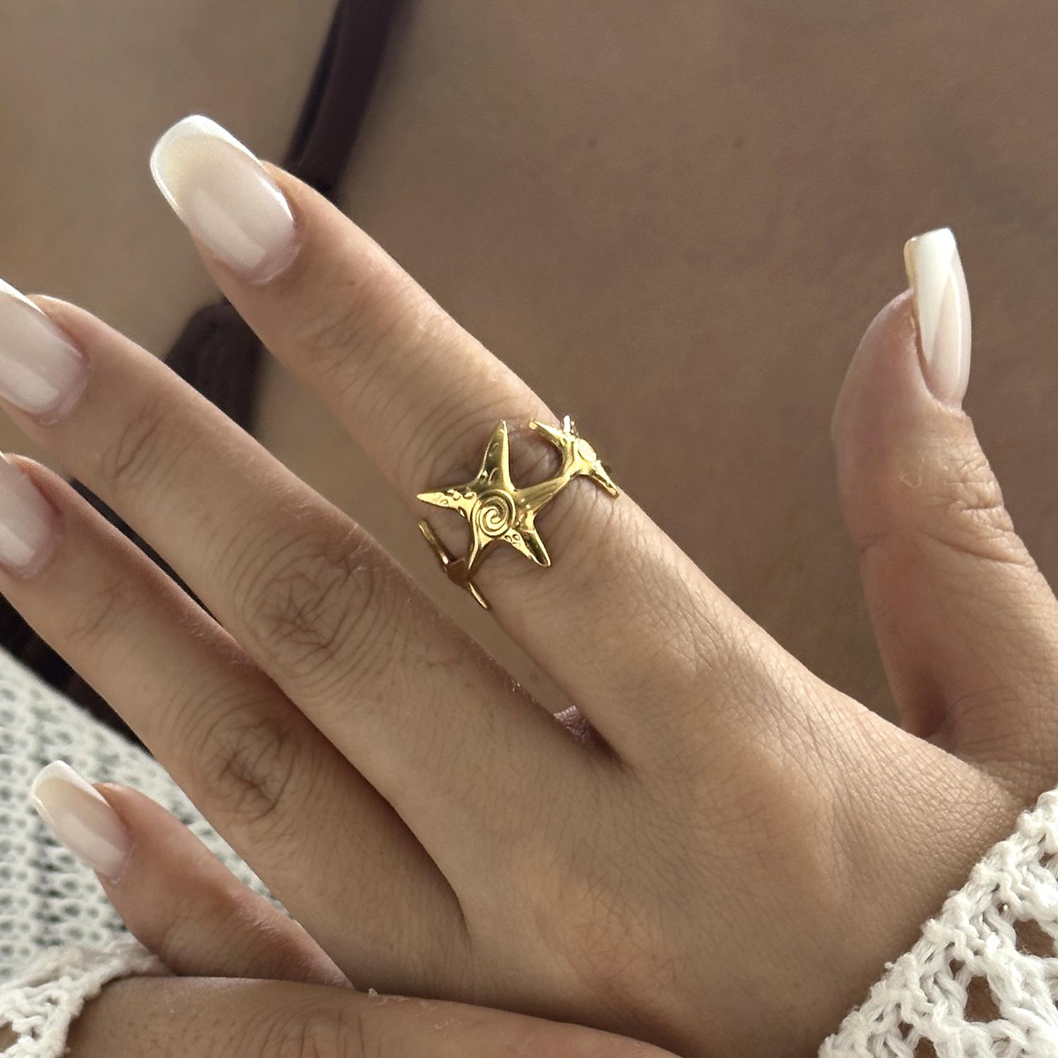 

Stainless Steel Gold Color Starfish Shell Opening Rings For Women Men Vintage Geometric Metal Texture Finger Ring Party Jewelry