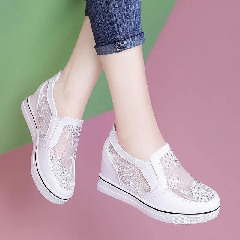 Fashion Comfortable Women Loafers  Lace Slip On Walking Shoes White Sneakers Casual Shoes Ballet Flats Platform Shoes Rhinestone