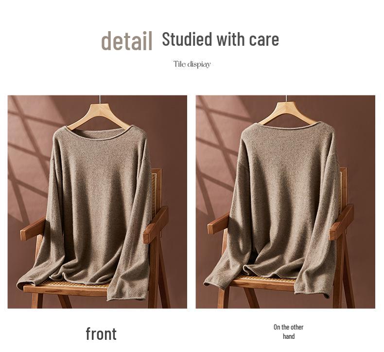 Women's Long Sleeve One-Shoulder Cashmere Knit Sweater - Mid-Length, Rolled Edge, Autumn/Winter Collection