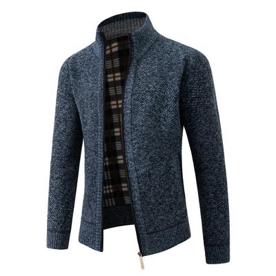 Casaco cardigan masculino de malha com gola alta e zíper, grosso, de veludo, grosso, para outono e inverno