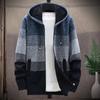 Pánský pletený kabát barevný blok s kapucí podzim zima zateplený plyšový hřejivý kardigan svetr pro každodenní nošení