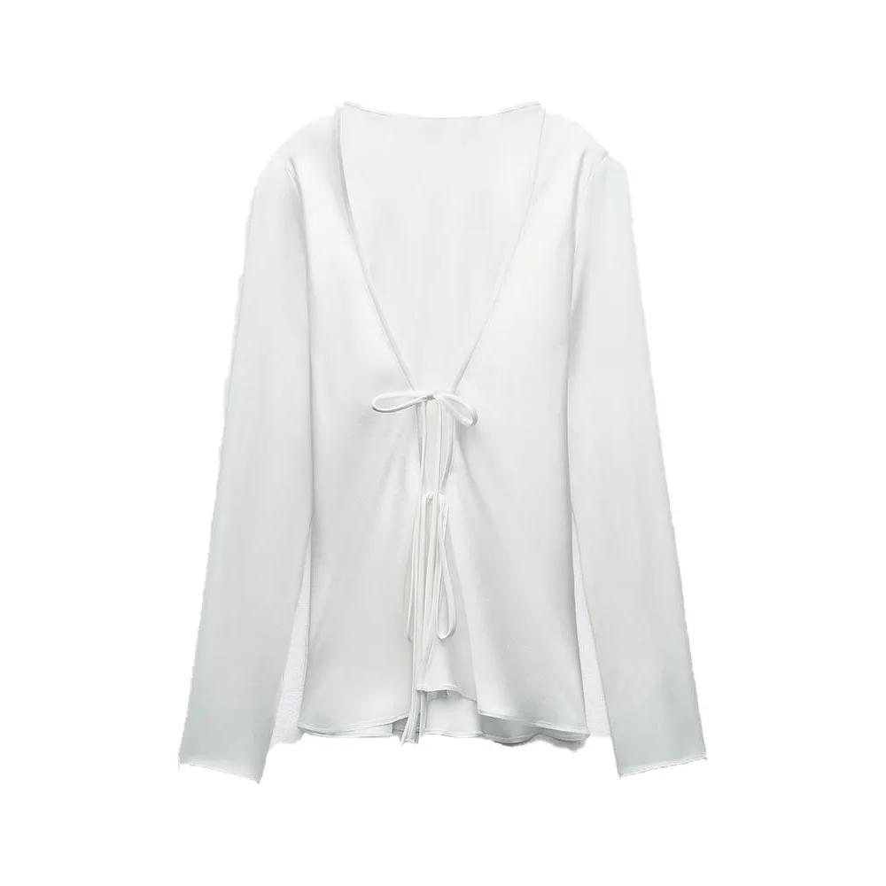 

Осенний новый продукт женская мода и повседневная универсальная рубашка с V-образным вырезом и бантом из шелкового атласа L белый
