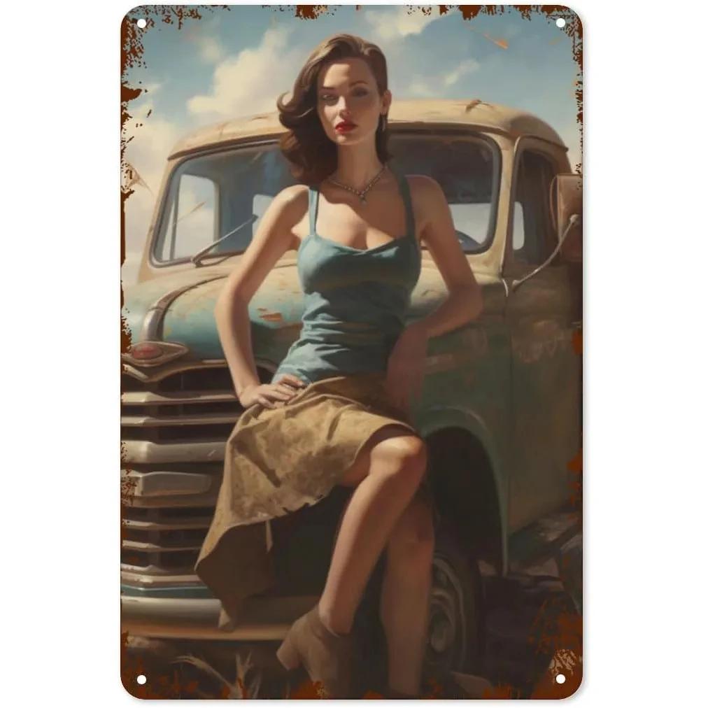 Vintage Pinup Girl Fast & Sexy Girls Classic Car Automobile Metal Tin Sings For Man Cave Garage Bar Cafe Clubs Car Decor Posters
