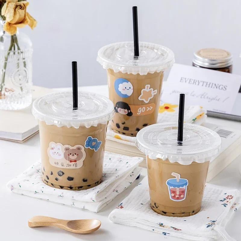 50 Sets of Coffee Milk Tea Leak Proof Cups Disposable Thickened Household Plastic Beverage PET Cold Drink Packaging Cup with Lid