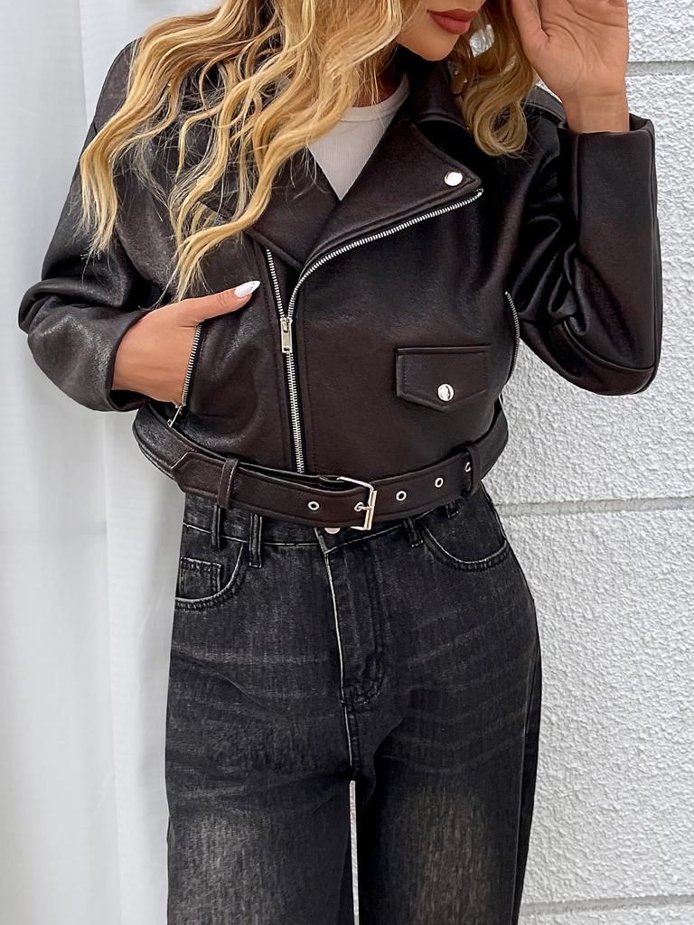 Women Fashion Short Faux Leather Jacket Lady Moto Biker PU Leather Coat Female Retro Lapel Outwear with Belt