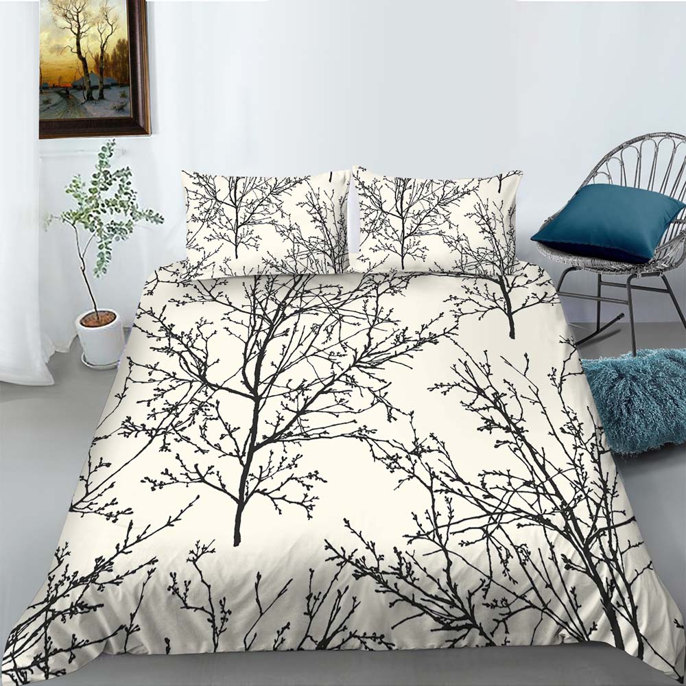 Branch Print Quilt Cover Pillowcase 2 or 3 Pieces of Plant Bedding Set Single Bed Double Bed Full Size Washable Zippered Bedding