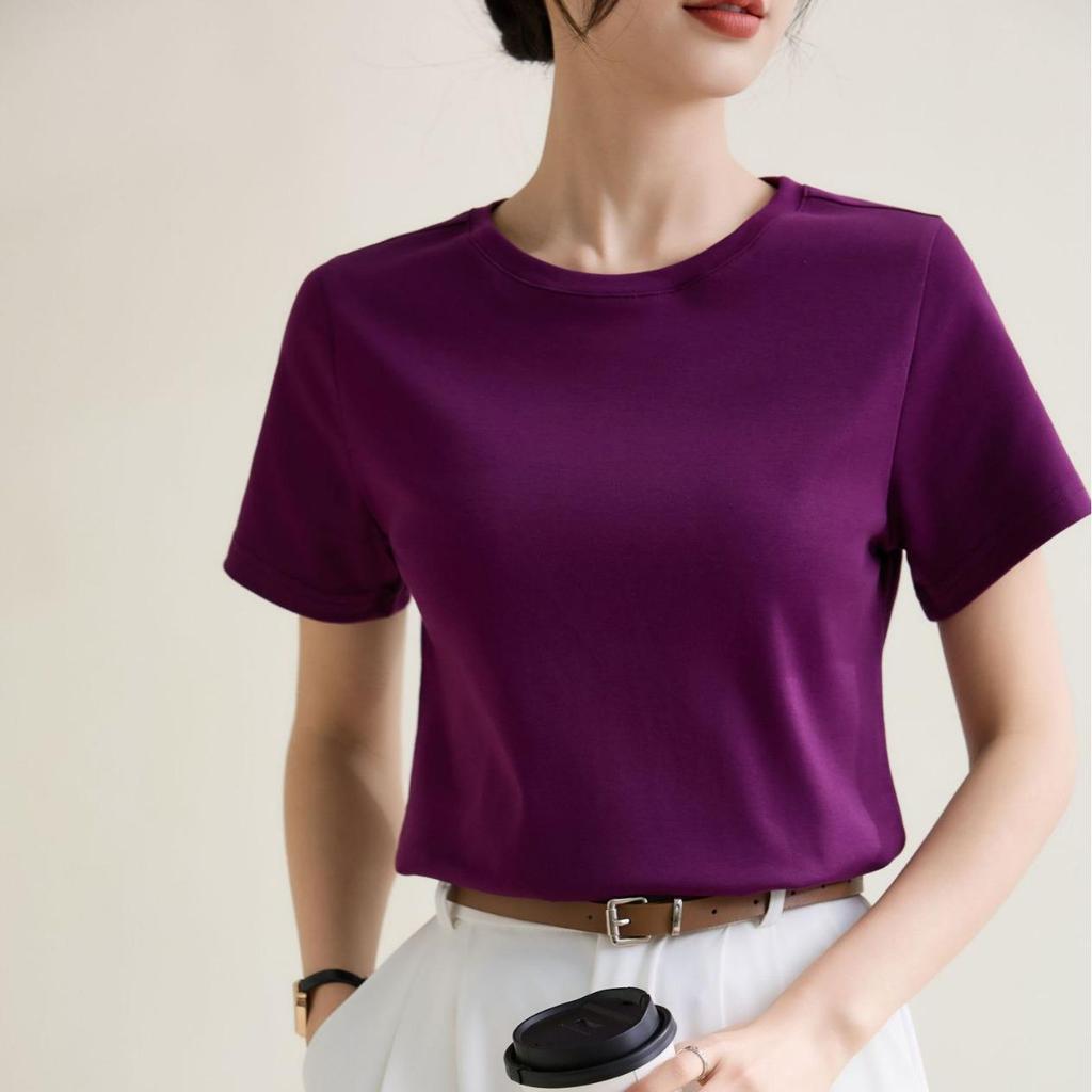 Ice-Feel Slim Fit Cotton Round Neck T-Shirt, Solid Color, Short-Sleeve, Women's 2025 Spring/Summer Collection