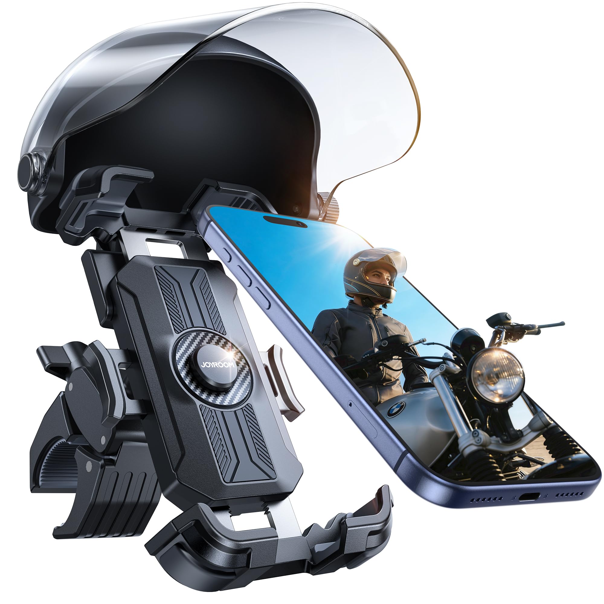 JOYROOM Motorcycle Smartphone Holder with Sunshade Mobile Phone Holder for Rain Drop Vibration Compatible with [New Design, Removable] Motorcycles,