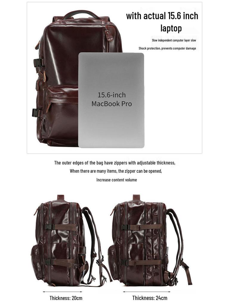 Men's Genuine Leather Expandable Large Capacity Shoulder Backpack for Business Travel