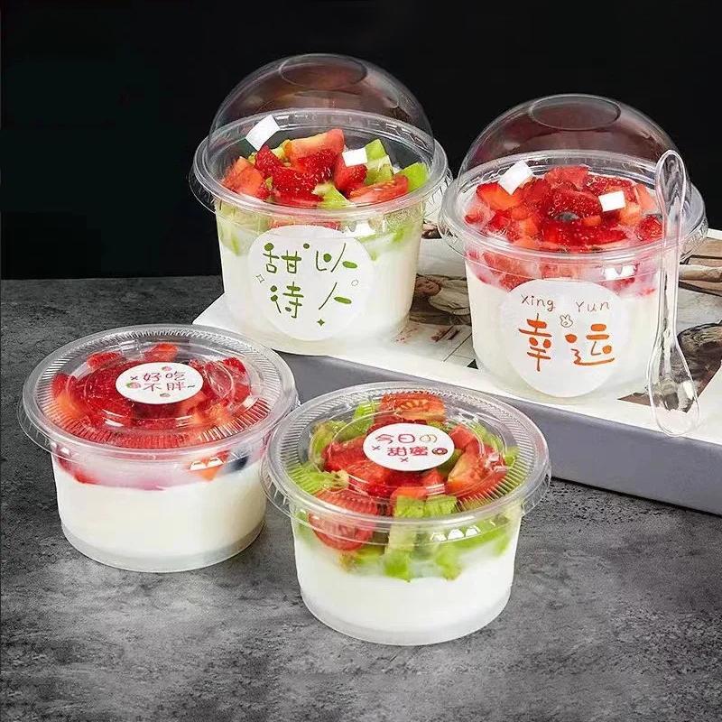 50Pcs 250Ml Disposable Salad Cup Transparent Plastic Dessert Cups Bowls Container With Dome/Flat Lids Ice Cream Dessert Cups
