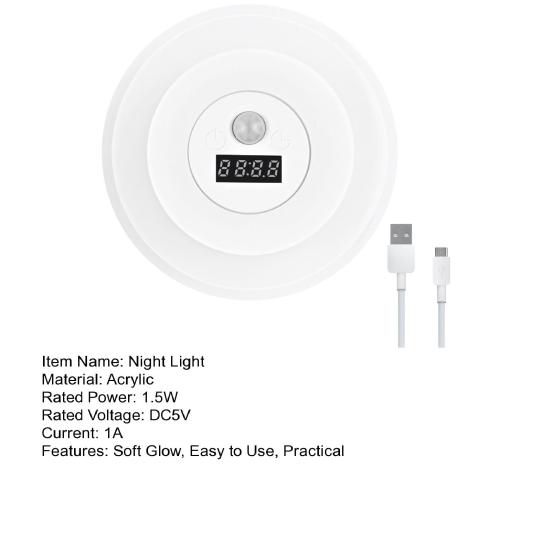 LED Motion Sensor Night Light with Digital Clock 3 Color Temperatures Stepless Dimming Motion Activated Night Lamp