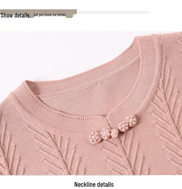 Mom's Summer Ice Silk Short-Sleeved T-shirt: Versatile Chinese Style Knitted Cardigan for Middle-Aged and Elderly Women