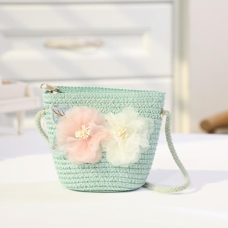 Borsa in paglia con cerniera e fiore per bambina, simpatici accessori per foto, borsa a tracolla intrecciata a mano per bambini, cestino portaoggetti, portamonete, borsa a tracolla