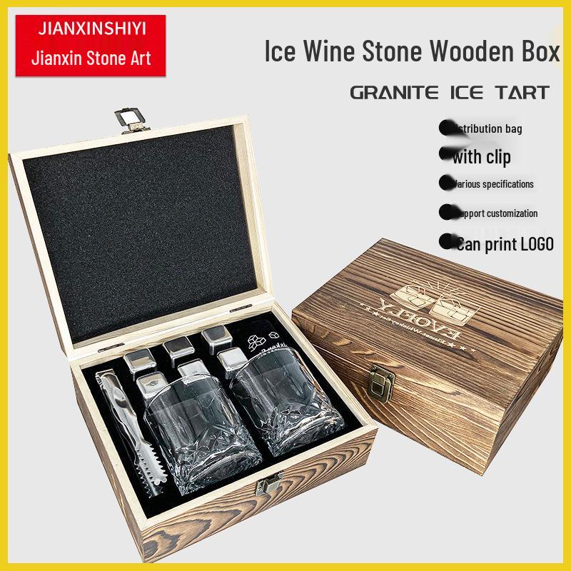 Whiskey Kühlsteine Geschenkset: Naturstein Eiswürfel in Holzbox