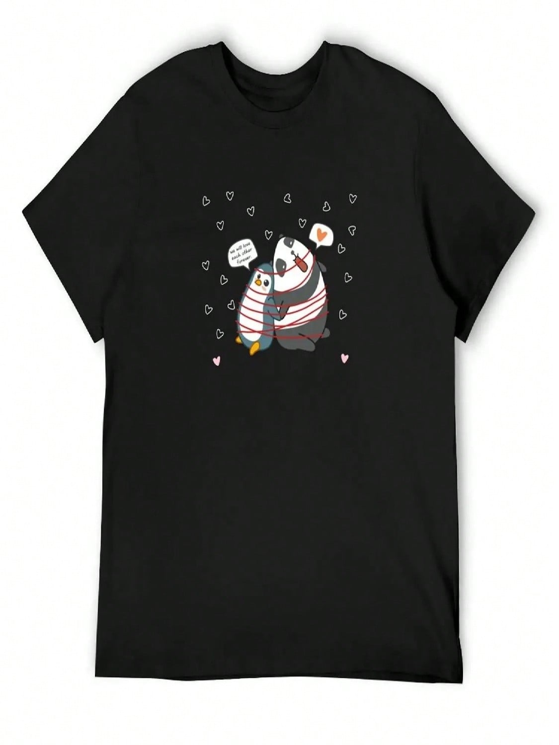 Little Panda And Penguin Love Each Other Forever T-Shirt Anime T-Shirt Gifts For Boyfriend Black T Shirts For S