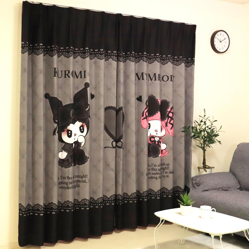 MORIPiLO Sanrio Blackout My Melody and Kuromi Connecting Art Set of Cute Sanrio Midnight Black Makura no Morishita Curtains, (Picture Pattern,