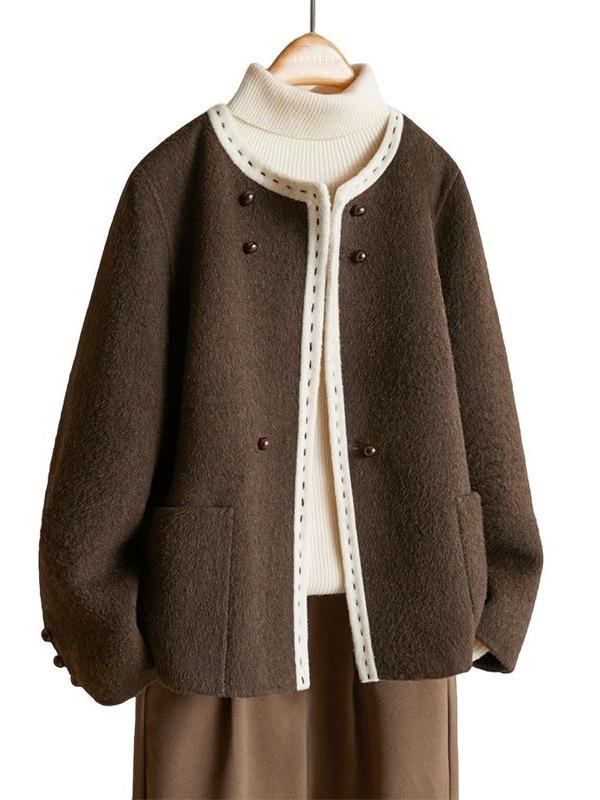 2025 Autumn/Winter Handmade Double-Sided Wool Cropped Coat - Round Neck, Versatile Design