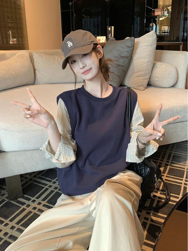 Autumn Women's Casual Korean Striped Two-Piece Design Shirt - Versatile and Loose Fit