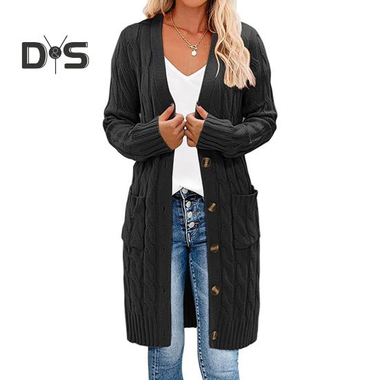 

Женский свитер, кардиган с V-образным вырезом, длинным рукавом, перекрученной текстурой, трикотажными топами с карманами, однотонный трикотажный жакет на пуговицах M чёрный