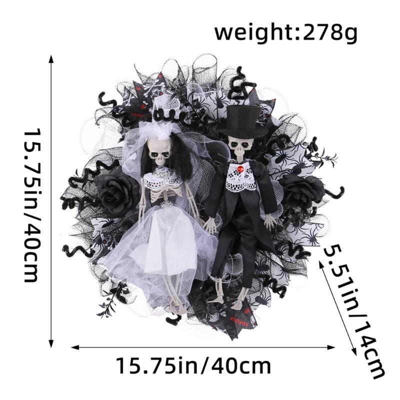 652F Halloween Plastic Wreath for Door House Decorative Wreath Door Decors Halloween Skull Couple Wreath Accessories