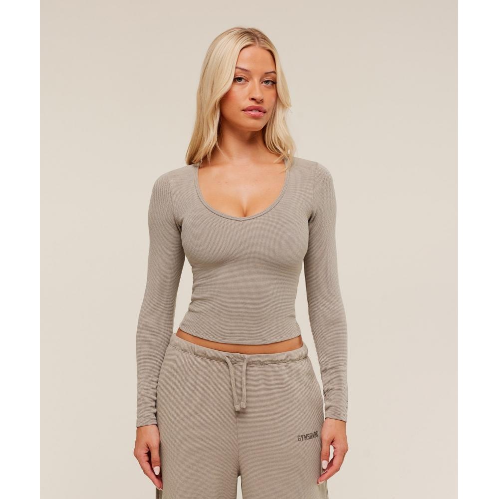 Gymshark Waffle Long Sleeve Top Lifestyle Brown B2c8p Nc0s