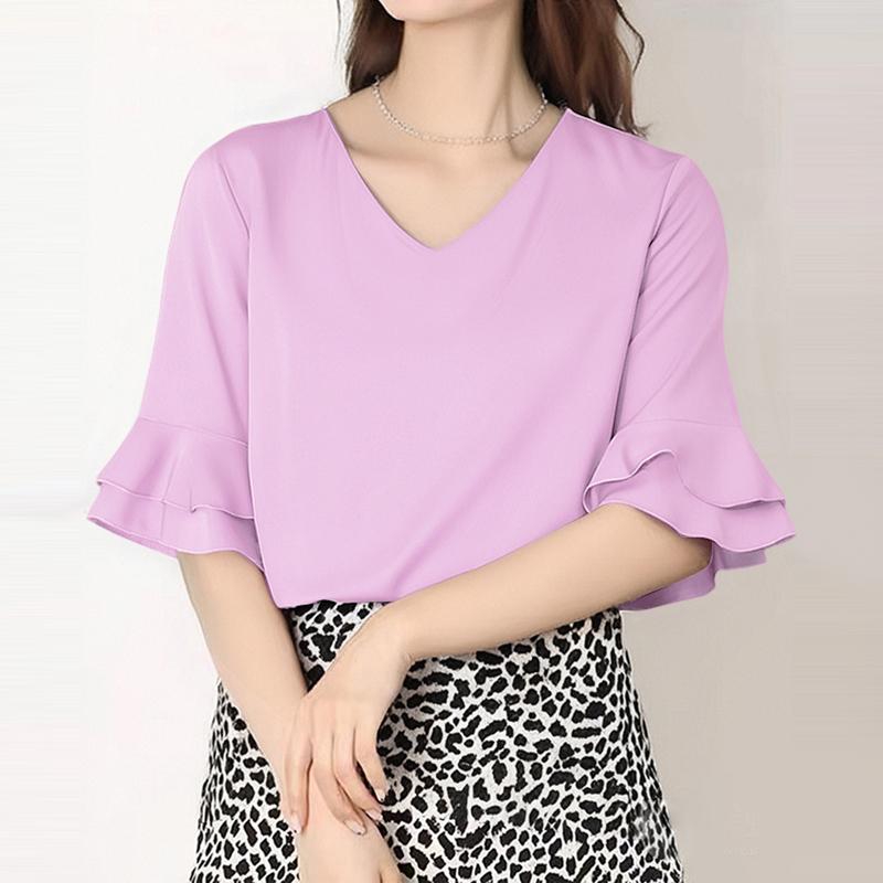 

ZANZEA Женская повседневная блузка с V-образным вырезом, однотонная, свободного кроя, с рукавом до локтя L фиолетовый