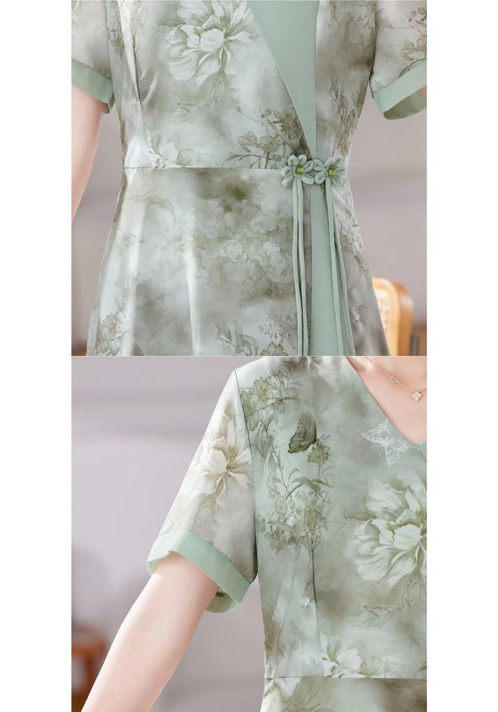 Mom's Summer Chiffon Dress: Stylish Short-Sleeve Belted Skirt for Middle-Aged & Elderly Women