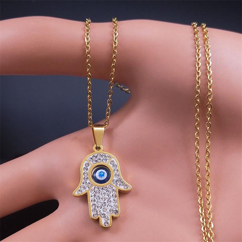 Collier Oeil Grec Main de Fatima pour Femmes Hommes Acier Inoxydable Chaîne de Protection Oeil Bleu Maléfique Turc Bijoux Islamiques N8041S01