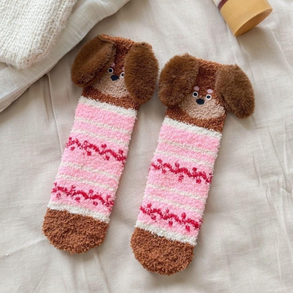 Plush Puppy Ears Coral Fleece Socks Stripe Sleeping Socks Sweet Floor Socks  Girls