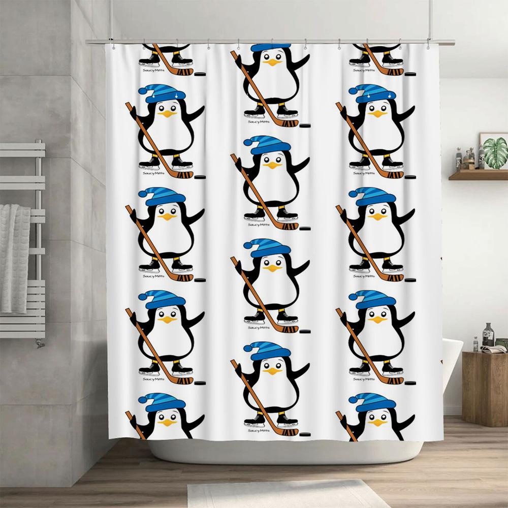 Ice Hockey Penguin Shower Curtain Waterproof Home Decor Bathrooms Kitchen Bathroom Decoration Print Kids Room Christmas Gift Whi