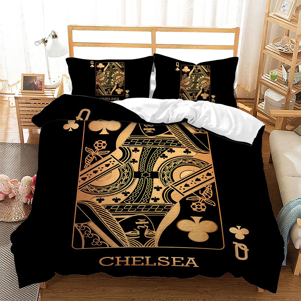 Set di biancheria da letto nero Copripiumino da poker in oro nero Federa per cuscino 2 o 3 letti singoli Letto matrimoniale Full Size Cerniera lavabile Biancheria da letto