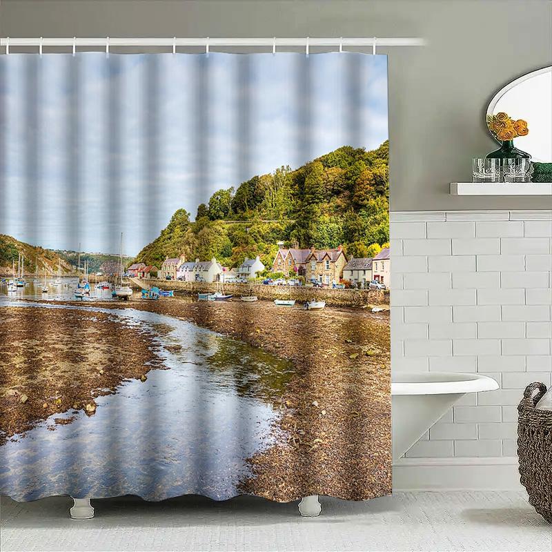 Coastal Village Shower Curtain Seaside Beach Ocean View Bathroom Decor Nautical Home Decor Beach House Vibes Ocean Theme Waterpr