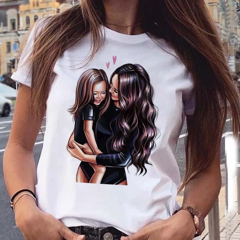 Camiseta feminina desenho animado mãe filha filho estampa senhora camisetas manga curta tops feminino kawaii gráfico camiseta feminina roupa